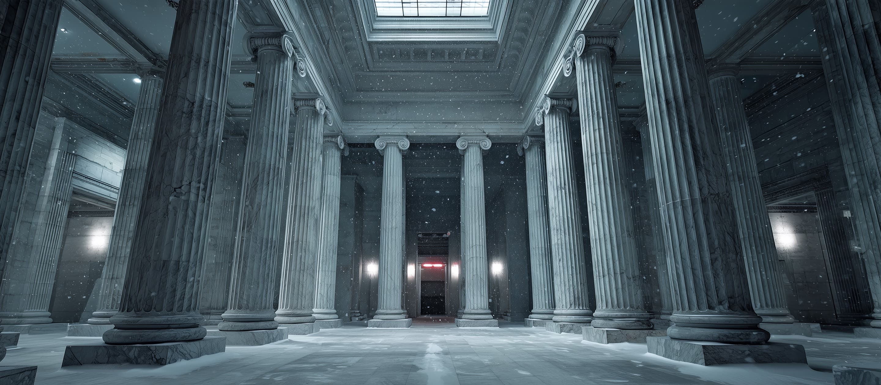 A monumental exchange hall of ice columns, snow falling through the skylight, a red light at the end of the hall